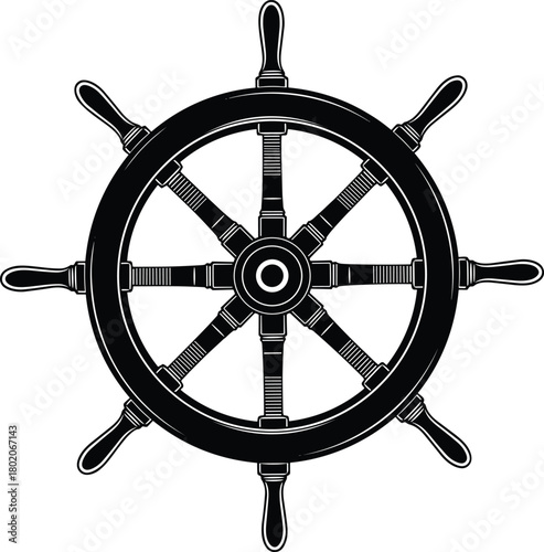 Nautical ship wheel silhouette vector, marine steering helm illustration, sailing navigation symbol for ocean travel, maritime adventure and boat design