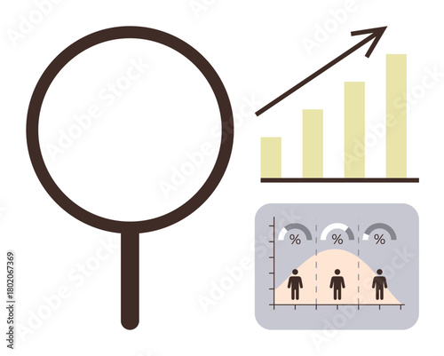 Magnifying glass, growth chart with upward arrow, and histogram of percentages and people figures. Ideal for business, data analysis, market research, growth, productivity, strategy simple flat