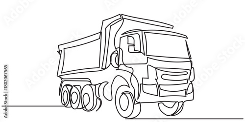 continuous line drawing of a dump truck, showing a side view with its large cargo bed, sturdy wheels, and clean, minimal outlines.A simple line-art Big dump truck vector illustration.