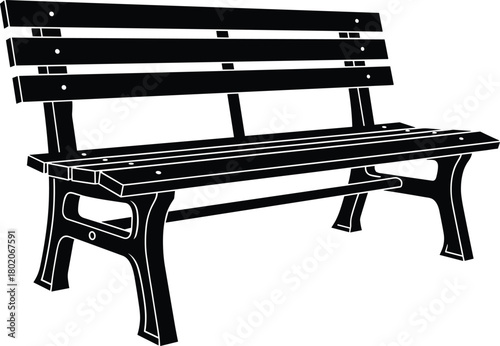 Park bench silhouette vector illustration, outdoor garden seating design, wooden street furniture icon for park landscape and public relaxation area