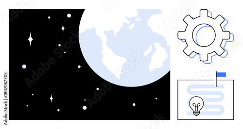 Earth in space with stars, gear symbolizing technology, idea-filled roadmap with flag. Ideal for innovation, space exploration, technology, strategy, planning, global initiatives future vision