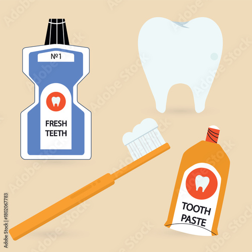 Dental Care Vector Set with Tooth, Toothbrush and Hygiene Products.