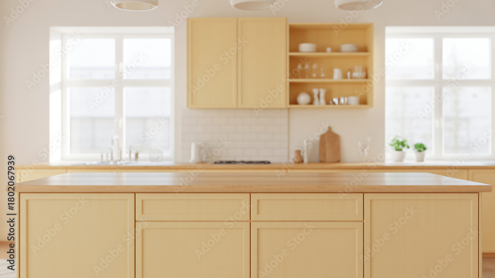 Fototapeta premium Stylish kitchen island in soft light, perfect for home design inspiration and modern living concepts, showcasing a bright, inviting space for family gatherings
