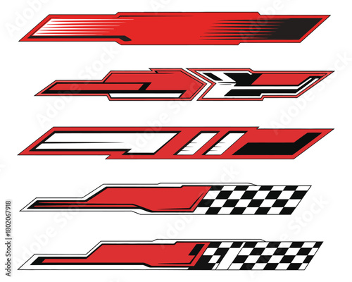 abstract sporty vehicle graphic decals set for car wrap designs, featuring dynamic angular shapes, bold racing elements, and high-energy visual patterns ideal for customizing modern performance 