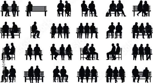 People sitting on bench silhouette set, men and women relaxing outdoors, park conversation illustration, urban leisure scene, isolated figures