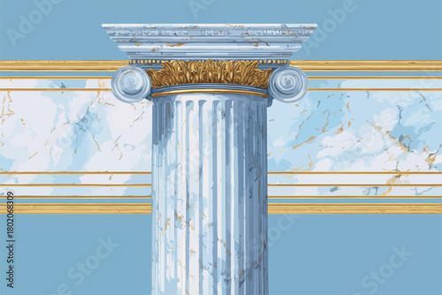 青い大理石模様と金色の装飾が施された、古代ギリシャ風イオニア式円柱のベクターイラストレーション背景