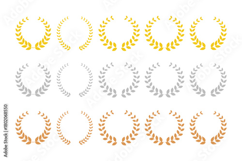 Set icons of laurel wreaths of victory: gold, silver, bronze. Greek olive branch award winner round emblem. Heraldic trophy crest, laurel frame, circular laurels branches emblem.