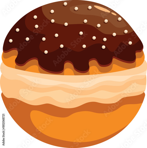 Round donut with chocolate topping, cream filling, and sprinkles, offering a sweet and tempting treat