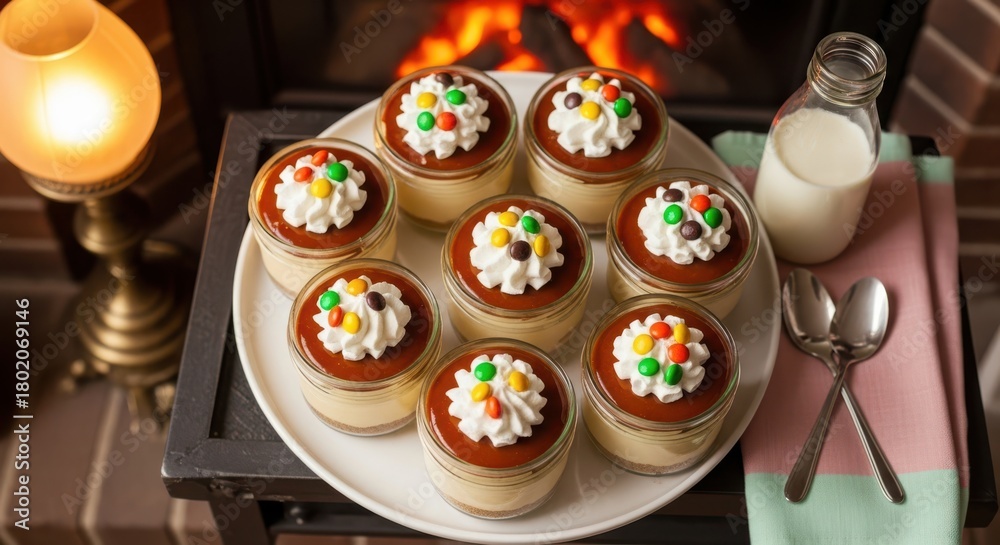 Naklejka premium Peanut butter cheesecake A plate of eight individual creamy desserts topped with whipped cream and colorful candy, arranged on a dark surface with a fireplace.