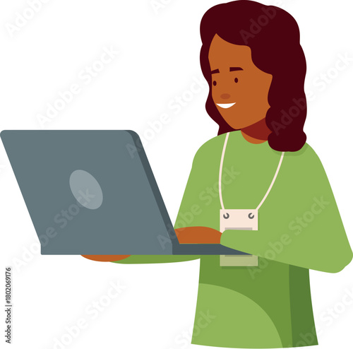 Smiling woman wearing an id badge, typing on a laptop, performing office tasks efficiently