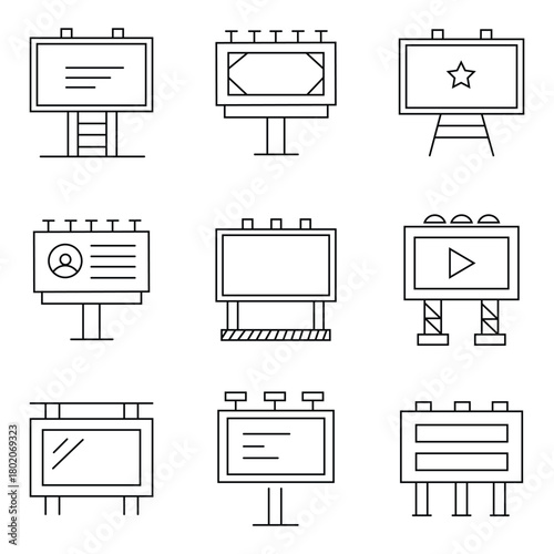 Billboard marketing advertising vector line icon set. Included the icons as backdrop, banner, bow flag and more. Advertising linear billboard in various style. Pole supports for marketing design. 