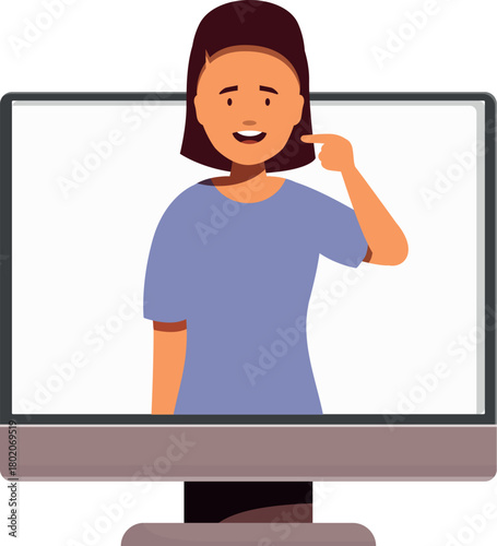 Smiling woman pointing at herself on computer screen, participating in online meeting or video conference
