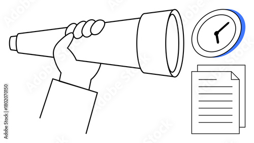 Telescope held by hand shows vision clock symbolizes time management papers imply planning or analysis. Ideal for strategy, planning, time management, vision, future focus, goal-setting