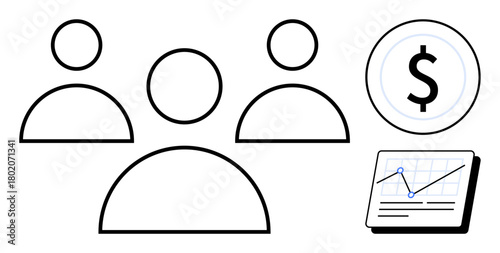 Three user icons signifying collaboration, financial symbol indicating investment, graph chart symbolizing data analysis. Ideal for business, teamwork, finance, corporate reports, strategy