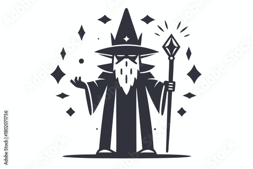 Pixel art wizard in a robe holds a staff, simple retro style