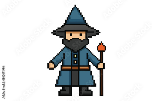 Pixel art wizard with beard stands holding a staff, featuring old school video game aesthetics