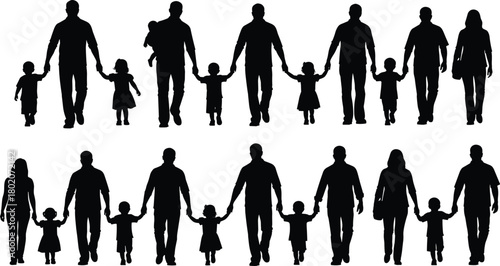 Silhouette family walking together, parents holding children hands, father mother kids group illustration, happy family concept, isolated vector