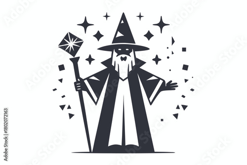 Pixel art wizard stands tall holding a staff, exuding magical energy