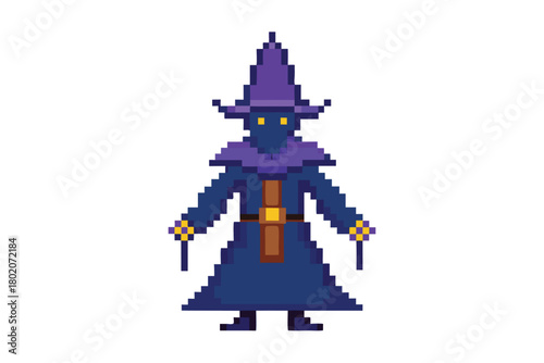 Pixel art wizard with tall hat and yellow eyes stands holding wands in a robe