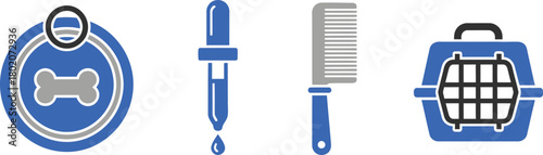 Pet Health Icons ID Tag, Medicine Dropper, Flea Comb, Pet Carrier