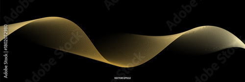 Vector wave lines smooth flowing dynamic gold gradient light isolated on black background for concept of luxury, technology, digital, communication, science, music