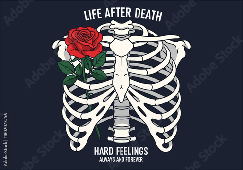 vintage skeletal rib cage dark blue. Inside the rib cage, on the viewer's left side, is a single red rose illustration with green leaves.