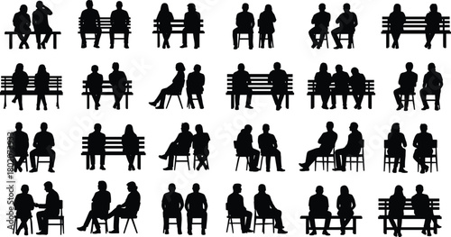Silhouettes of people sitting on benches and chairs, relaxing outdoor, conversation, social interaction, friends talking, park illustration design