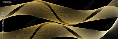 Vector wave lines smooth flowing dynamic gold gradient light isolated on black background for concept of luxury, technology, digital, communication, science, music