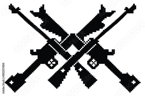 Pixelated black crossed rifles create a stark, stylized emblem on the white background