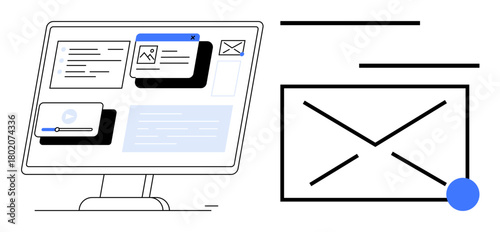 Computer screen showcasing various email and file folders, with a mail icon and minimalistic blue accent. Ideal for communication, technology, email marketing, organization, online productivity