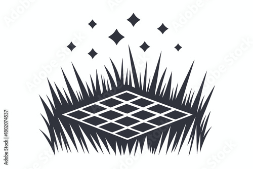 Pixelated black grass row illustration grows above a solid line on white background