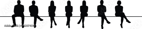 Silhouettes of people sitting on long bench in row, waiting group, business teamwork concept, human figures, office meeting illustration
