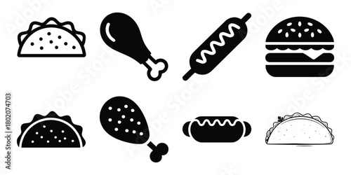Illustration of collection of fast food icons including tacos, chicken legs, hot dogs, and burgers