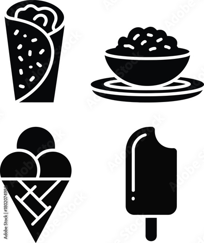 Illustration of set of four food icons including a burrito, bowl of food, ice cream cone, and popsicle