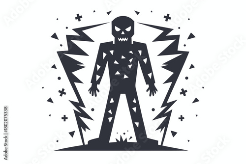 Pixelated black skeleton stands starkly against a clean white digital background providing nostalgic flair