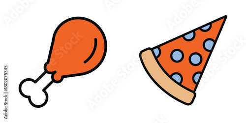 Illustration of simple cartoon illustration of a fried chicken leg and a slice of pizza isolated on white background