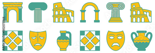 Ancient roman architecture and artifacts symbols vector pack including vintage elements