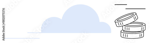 Stack of coins next to cloud outline with minimal abstract lines. Ideal for finance, savings, business, cloud computing, technology, cost management, digital economy. Simple flat metaphor