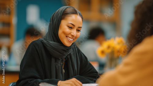 Smiling Muslim woman teaching in classroom with students in background  