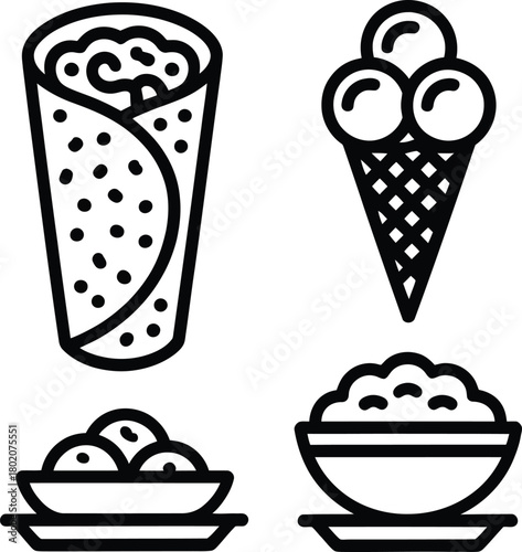 Illustration of set of four food icons burrito, ice cream, falafel, and rice isolated on white background