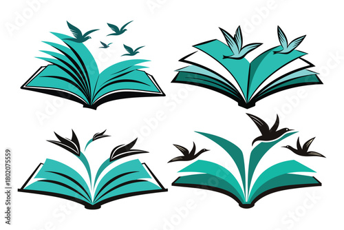  Open book transforming into flying birds from the pages, solid teal color
