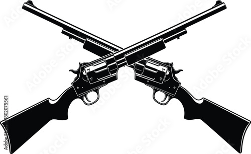 Vintage crossed revolvers silhouette vector, classic western firearm symbol, old west pistol illustration, cowboy culture emblem for historical design