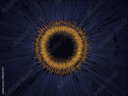 暗い背景に浮かぶ金色の光の輪が放射状に広がる抽象的なデジタルアートのベクターイラストレーション