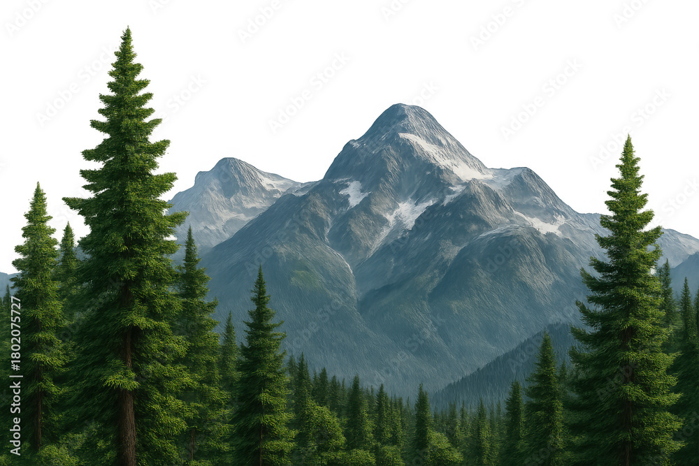 Fototapeta premium Alpine landscape with snow-capped mountain peaks and green pine trees in a vast forest, transparent background