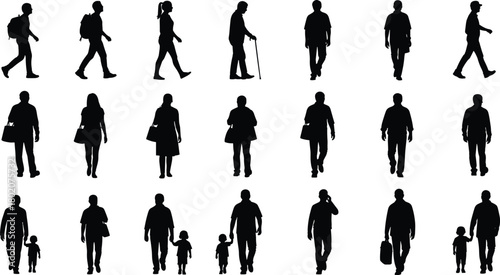 Walking people silhouette set, diverse men women and children, family pedestrian crowd illustration, urban city lifestyle, isolated human figures