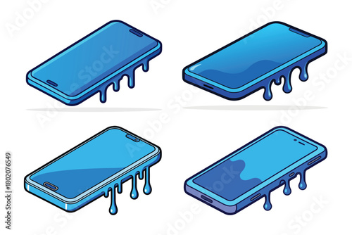 Smartphone screen melting downward like liquid, solid electric blue color