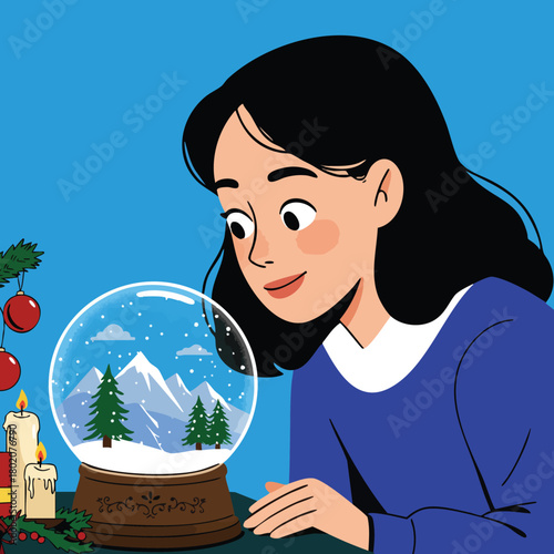 Girl admiring snow globe with winter scene and pine trees, evoking holiday spirit and nostalgia for special occasions 