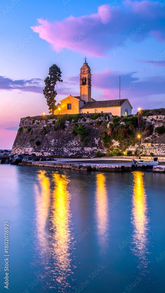 Naklejka premium Scenic coastal church at twilight