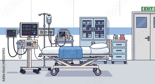 An intensive care unit icu room with hospital bed, medical equipment including monitors, iv drip, and cabinet, suggesting critical care and advanced medical technology