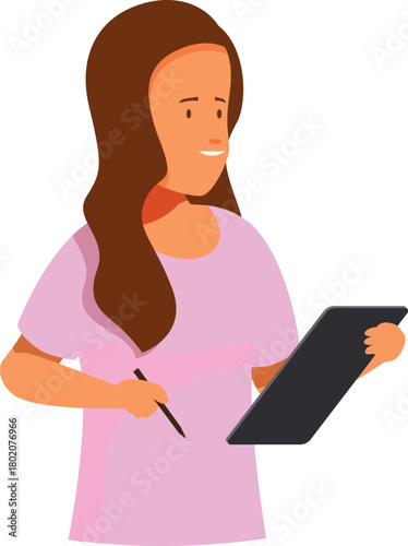 Young woman holding digital tablet and taking notes with pen, representing modern technology and productivity